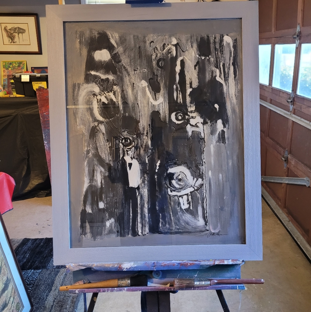 Black & White Eyes orignal abstract painting, framed in glass signed by artist